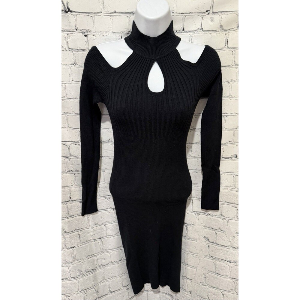 Bebe Black Mock Neck Cold Shoulder Knit Bodycon Dress Size Medium